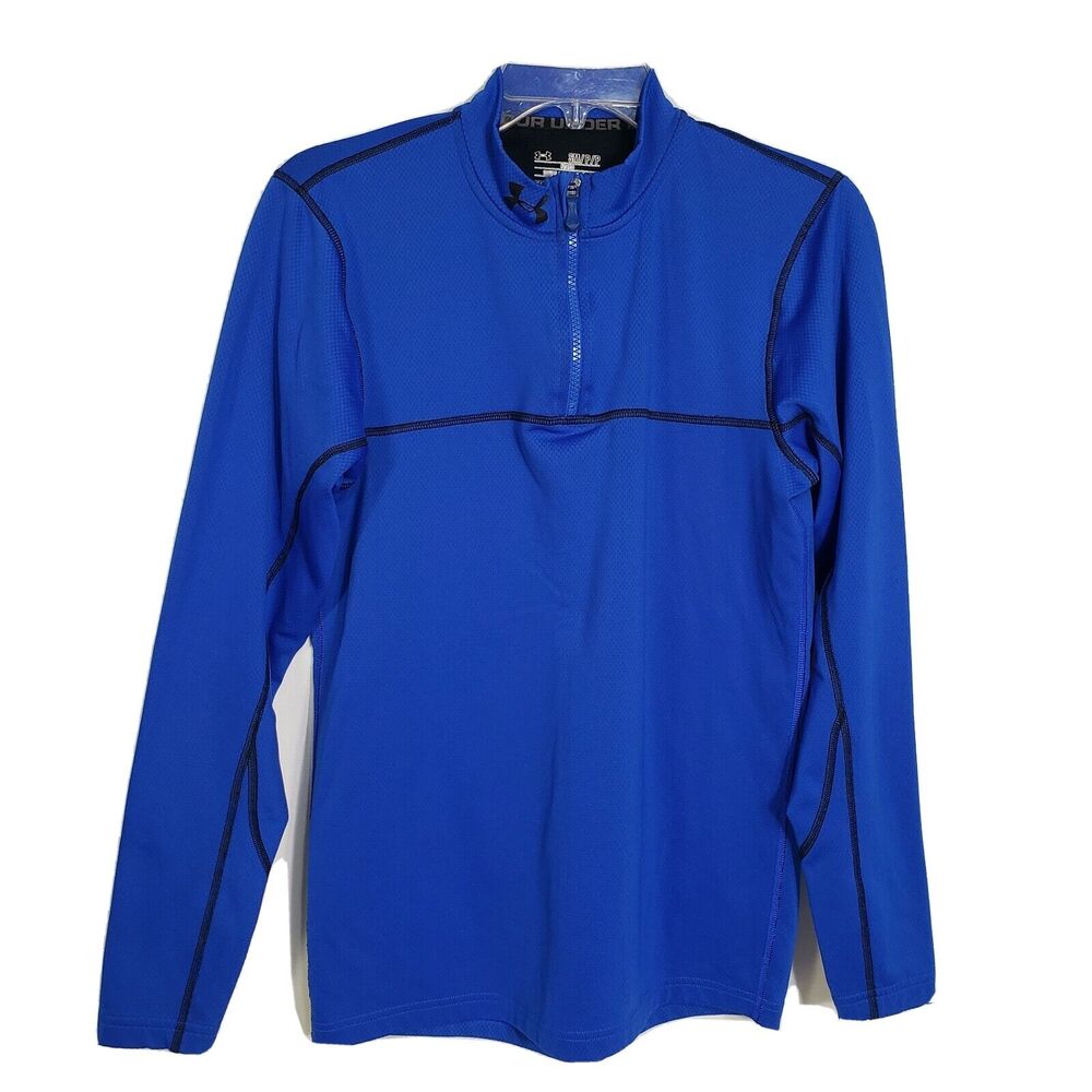 Under Armour Mens Shirt Small ColdGear Blue Fitted Mock Thermo 1/4 Zip Training